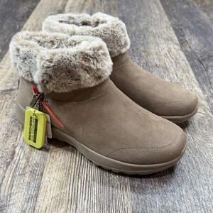 Skechers On-The-Go Joy Boots Womens 6.5 Taupe Faux Fur Ankle Zip Goga Mat NWT